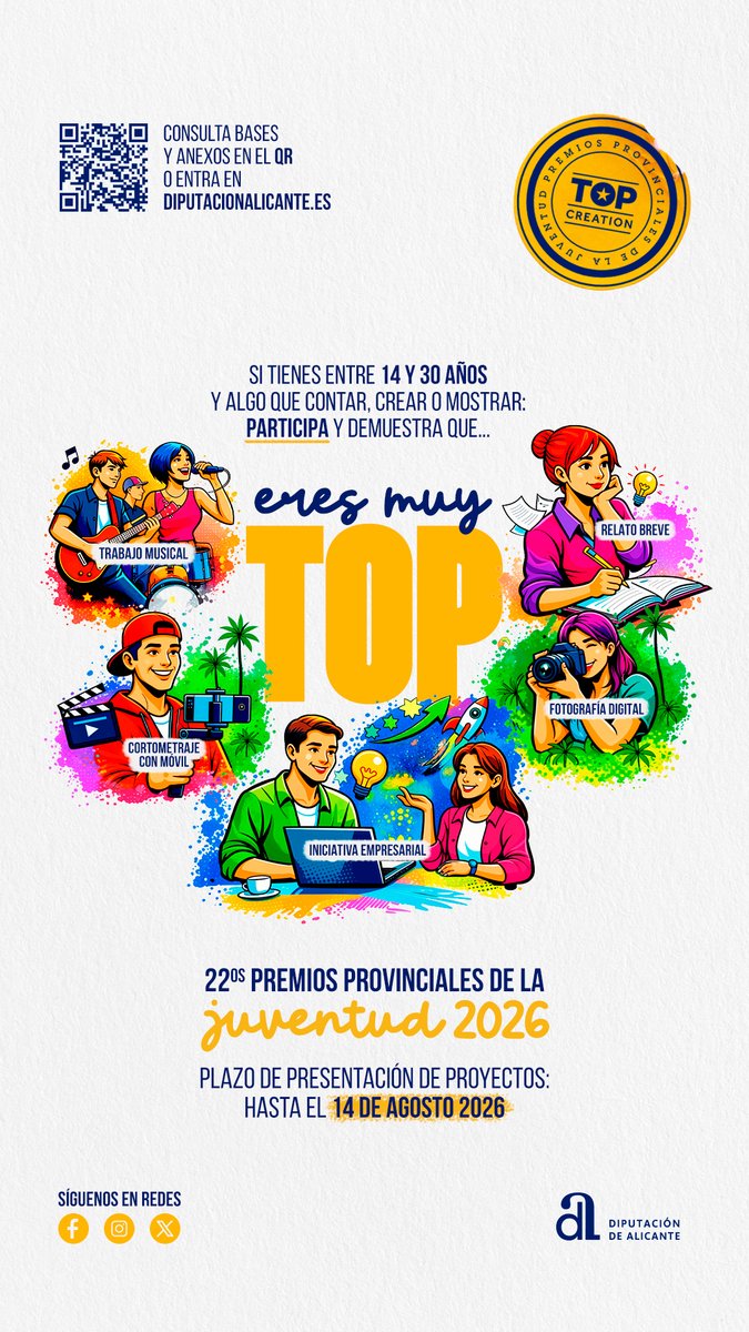 22º Premio Provinciales de la Juventud 2026
Si tienes entre 14 a 30 años, puedes presentarte a diferentes disciplinas:
- Trabajo Musical.
-Cortometraje con móvil.
-Relato Breve.
-Iniciativa Empresarial.
-Fotografía digital.
Plazo: hasta el 14 de agosto.
dip-alicante.es/bop2/pdftotal/…