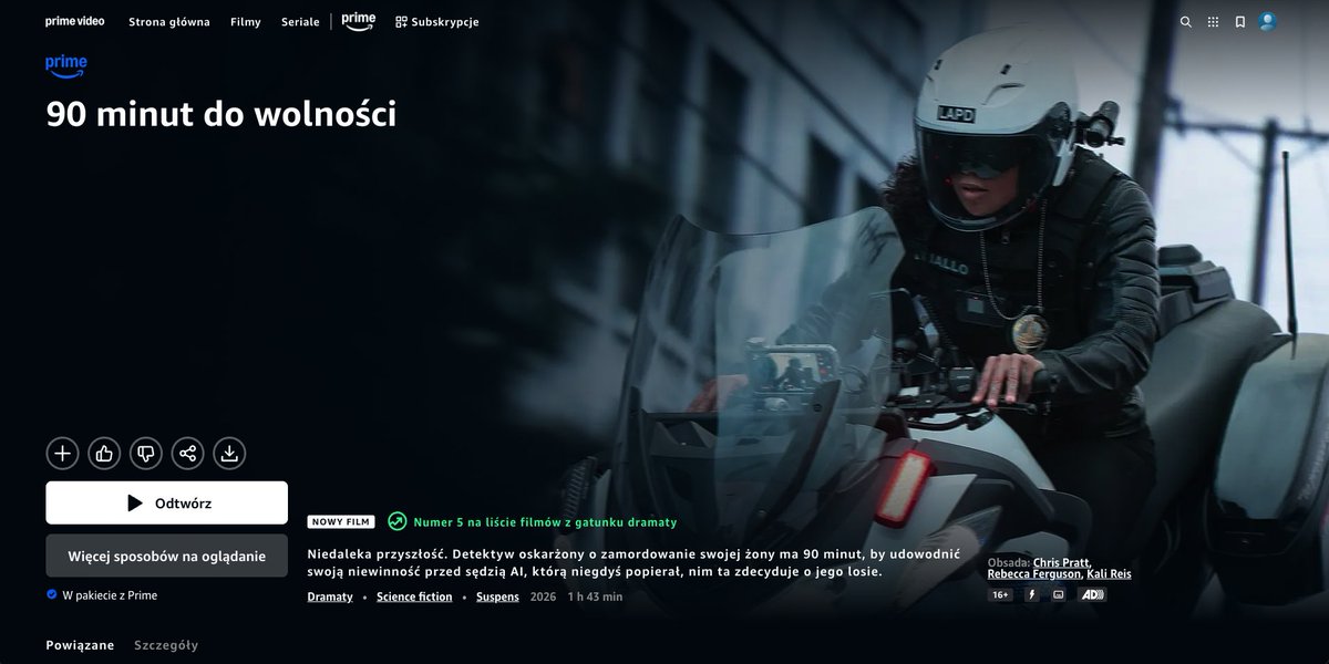 tomasznicieja's tweet image. #Mercy "90 minut do wolności" (2026) - ciekawe, zaskakujące, dobre, lekko przerażająca wizja przyszłości. Tematyka AI, Sci-Fi, akcja, film detektywistyczny, zwroty akcji. Powiem tak - czy dobre, czy nie - mi się podobało. Moja ocena: 8/10.
#AmazonPrimeVideo