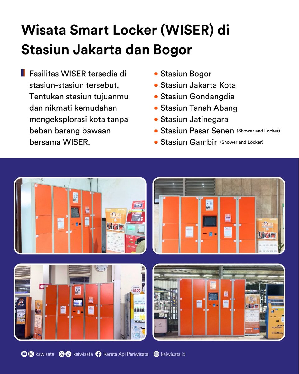 kaiwisata's tweet photo. Jalan-jalan naik kereta lebih nyaman dengan Wisata Smart Locker (WISER). Tersedia di 7 stasiun Jakarta & Bogor, titip barang jadi aman dan modern mulai Rp10.000. Jaga mobilitas tetap efisien tanpa beban bawaan saat eksplor kota! #KAIWisata #SmartLocker https://t.co/481eEGSKjf