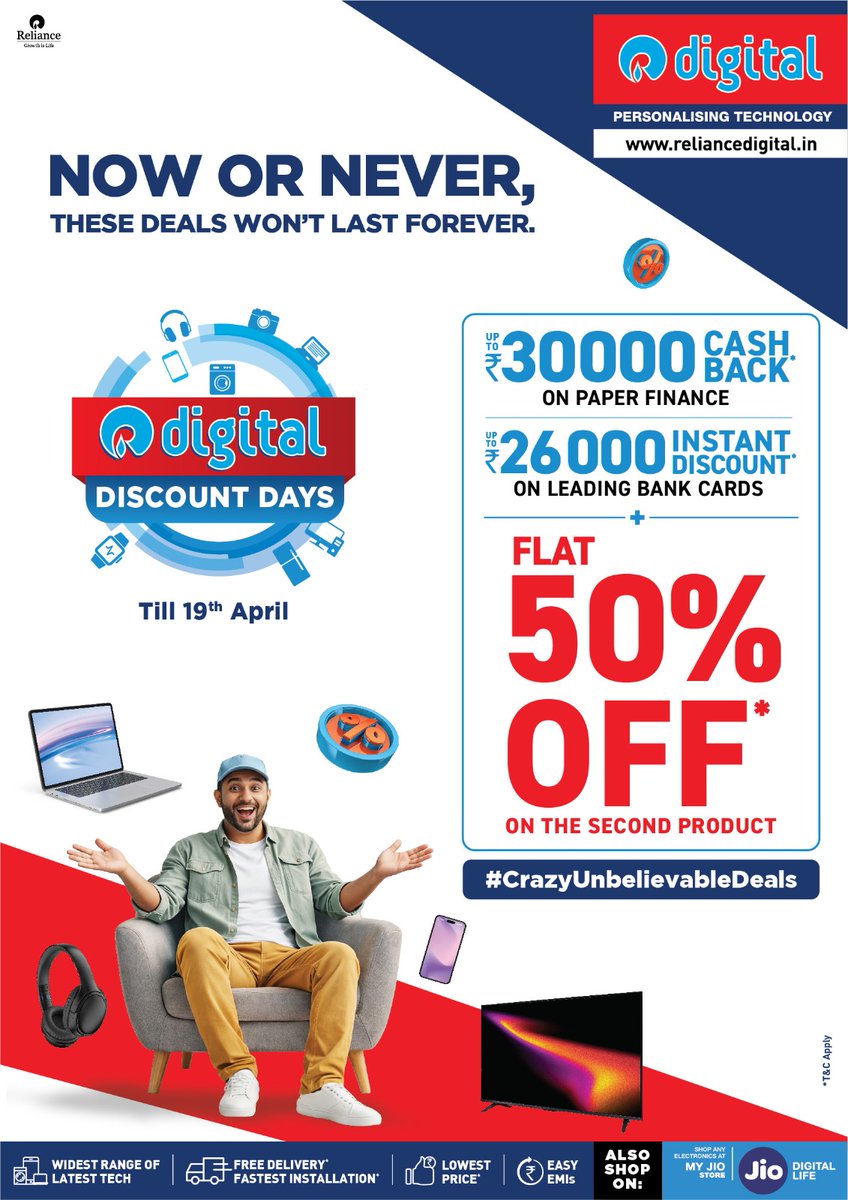 fpjindia's tweet image. Reliance Digital Enters Final Days Of Digital Discount Days Offering Buy 1, Get 50% Off On Second Product &amp;amp; Much More

Know more: freepressjournal.in/mumbai/relianc… @RelianceDigital #Partnership #DigitalDiscountDays