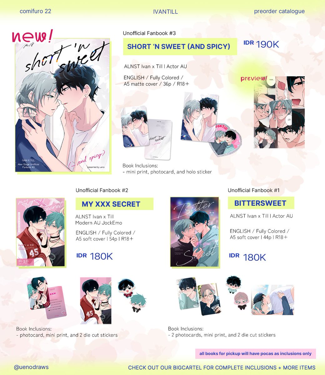 uenodraws's tweet image. 💙+🔁are appreciated sm!! 🥹

opening pre-order for our #CF22 circle!

🗓️  14th~24th april for local pickup
💕 ivantill + hyv (mostly scara lol)
💌 intl + mail order OK!

check links and forms below for more info! ⤵️

#comifuro22 #cf22catalogue