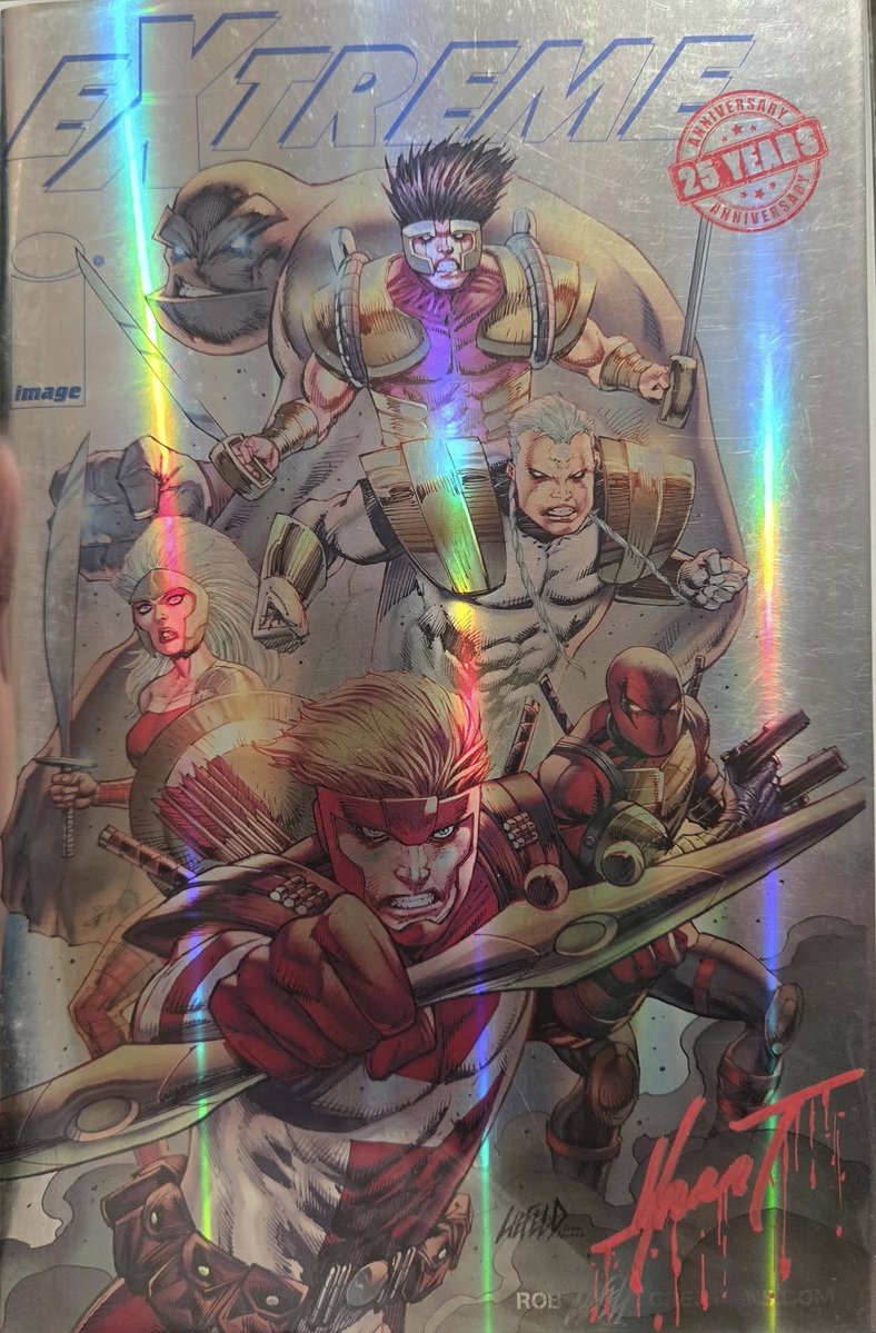 RobMessick's tweet image. As the 2017 Youngblood series came out, it timed out perfectly with Image/Youngblood's 25th anniversary.  Rob had a signing with a ton of old Extreme alum, &amp;amp; put out this Anniversary comic.  What a cover.  Get this book!  

#Youngblood #Extreme created by @robertliefeld 
#Prophet