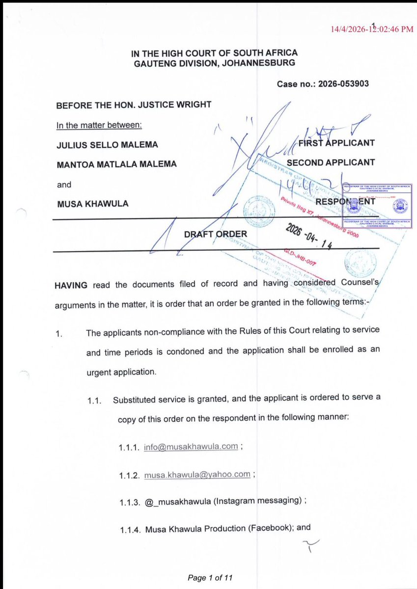 EFFSouthAfrica's tweet image. ♦️Breaking News♦️

The Gauteng High Court has ruled in favour of CIC @Julius_S_Malema in the matter against discredited social media commentator Musa Khawula.

The High Court has found that Musa Khawula wrote defamatory, untrue and unlawful accusations about the President of the