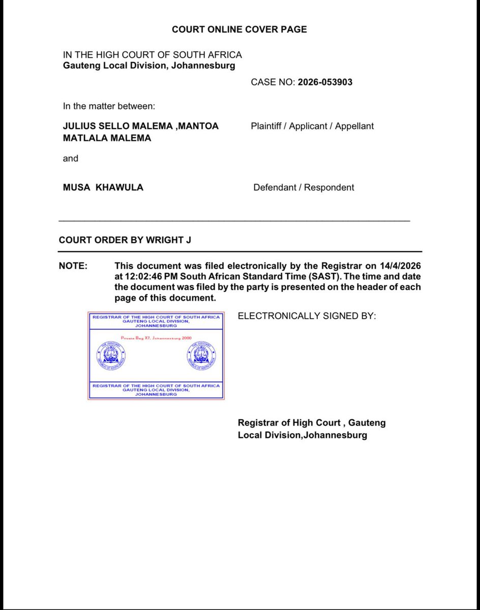 EFFSouthAfrica's tweet image. ♦️Breaking News♦️

The Gauteng High Court has ruled in favour of CIC @Julius_S_Malema in the matter against discredited social media commentator Musa Khawula.

The High Court has found that Musa Khawula wrote defamatory, untrue and unlawful accusations about the President of the