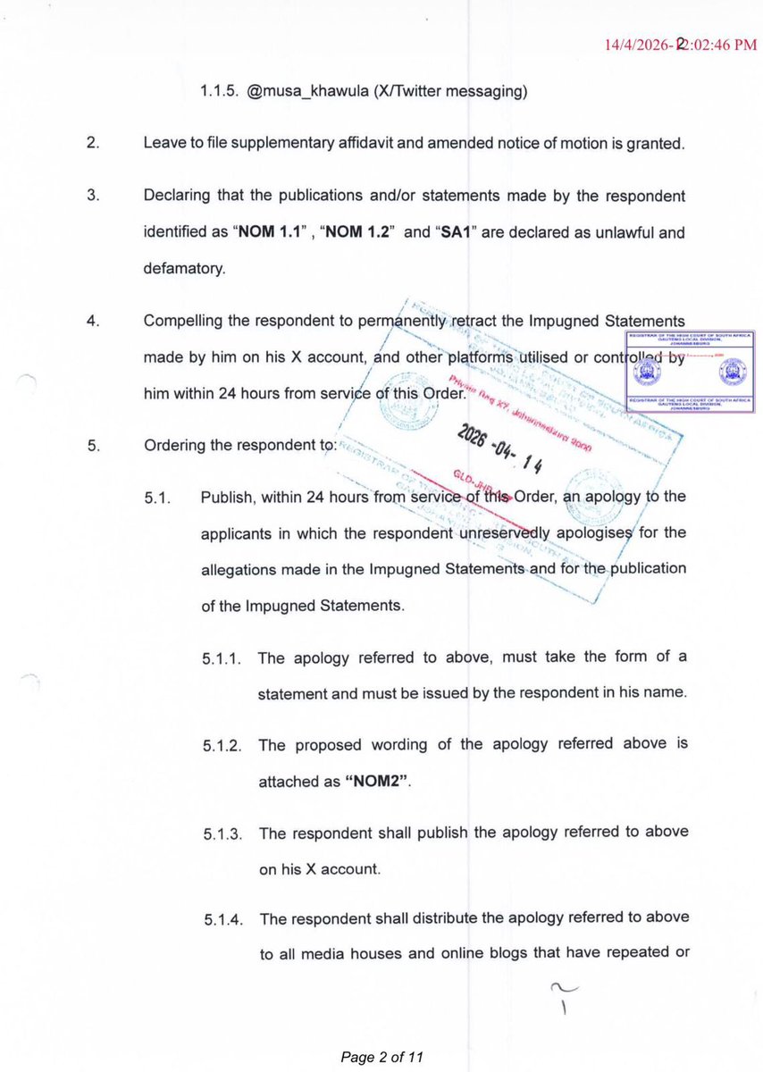 EFFSouthAfrica's tweet image. ♦️Breaking News♦️

The Gauteng High Court has ruled in favour of CIC @Julius_S_Malema in the matter against discredited social media commentator Musa Khawula.

The High Court has found that Musa Khawula wrote defamatory, untrue and unlawful accusations about the President of the