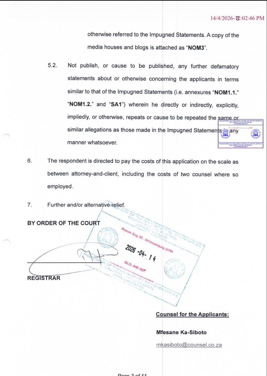 EFFSouthAfrica's tweet image. ♦️Breaking News♦️

The Gauteng High Court has ruled in favour of CIC @Julius_S_Malema in the matter against discredited social media commentator Musa Khawula.

The High Court has found that Musa Khawula wrote defamatory, untrue and unlawful accusations about the President of the