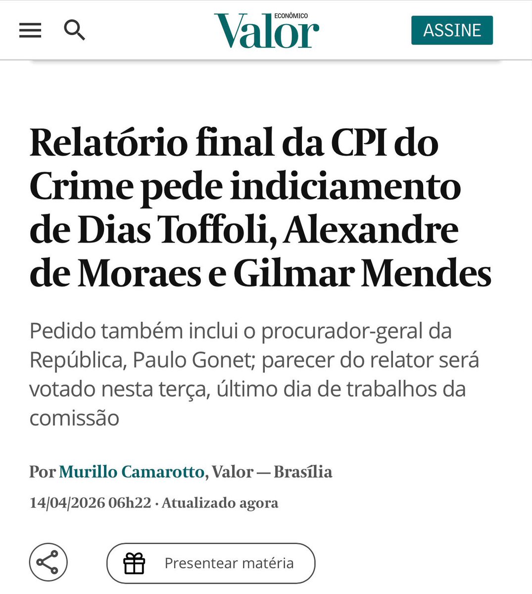 EvinisTalon's tweet image. Segundo a notícia, o relator da comissão “atribui aos ministros e ao PGR condutas enquadradas como suspeição, impedimento, violação de decoro e omissão funcional, consideradas incompatíveis com o exercício das funções públicas.”
O parecer será votado hoje.

#advogado #advocacia