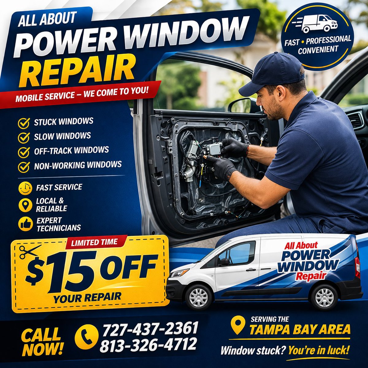 TampaCarWindows's tweet photo. Stuck or slow car window? 🚗
All About Power Window Repair offers fast, mobile power window repair across Tampa Bay—we come to you!
Call: 727-437-2361 or 813-326-4712
Window stuck? You’re in luck!

#PowerWindowRepair #TampaBay #AutoRepair #MobileMechanic😄 https://t.co/KXaRCUpede