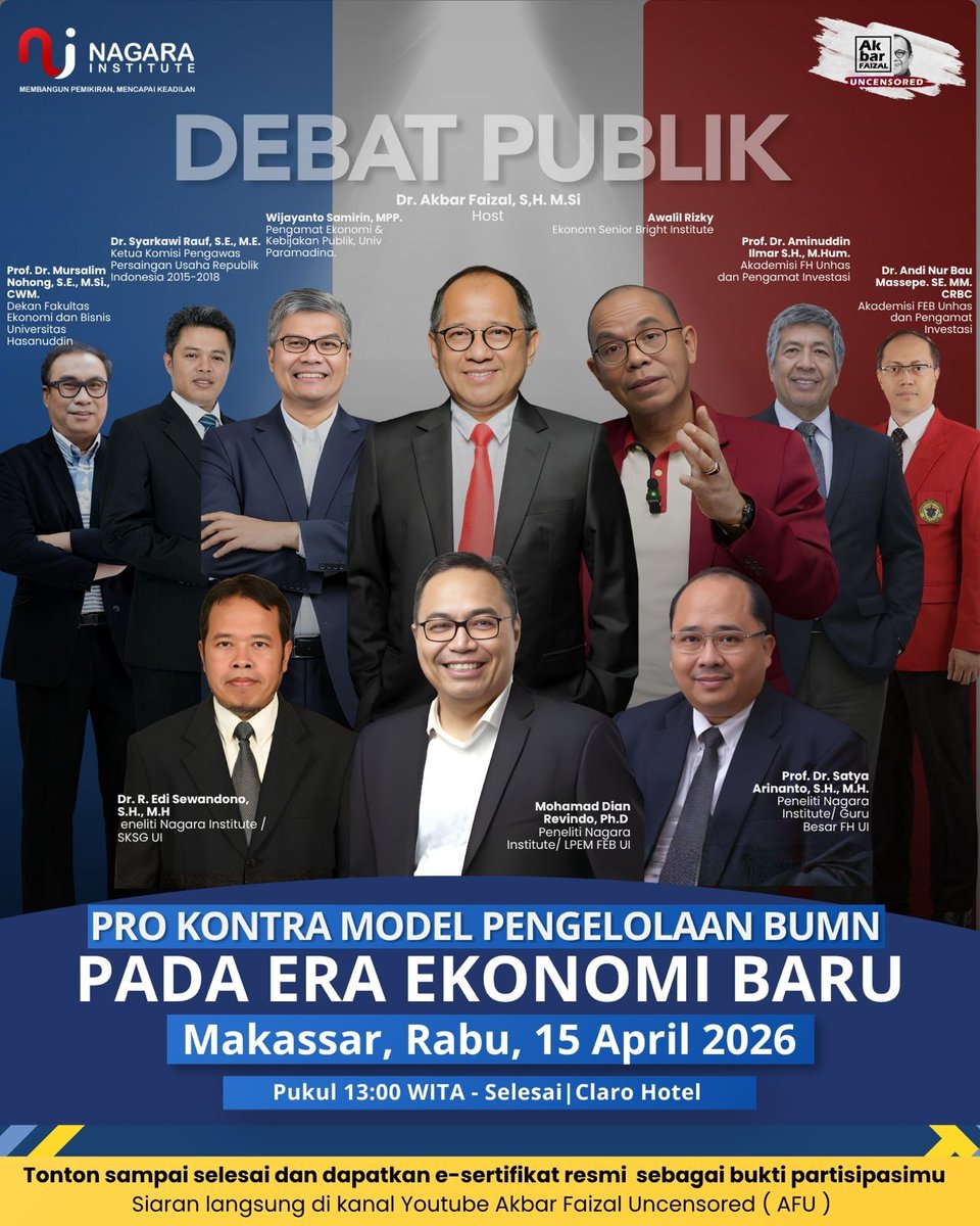 Yuk kita saksikan debat publik dengan era ekonomi baru <a href="/KPPU/">KPPU_RI</a> @feb_unhas
 #RoundtableDisscussion
#AkbarFaizalUncensored
#BUMNNextEra
#MakassarTalkBUMN