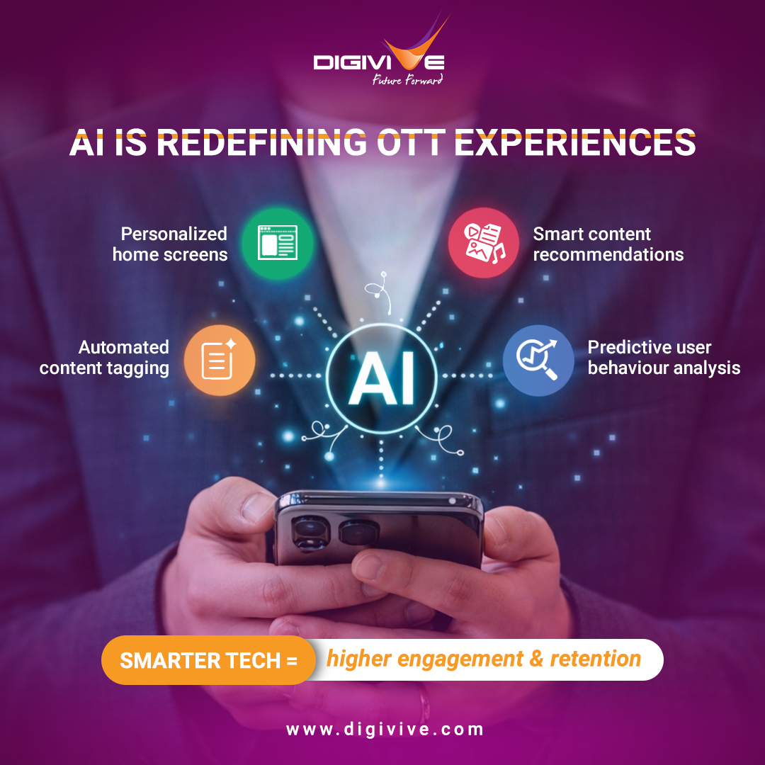 DigiviveService's tweet photo. Revolutionizing the way we stream. 
AI isn't just a trend; it's the backbone of the modern OTT experience. 

Why AI is a game-changer:

Hyper-Personalization:

Effortless Discovery: 

Growth:
The future of entertainment is here, and it's powered by AI.

 https://t.co/Iplo20SVgr https://t.co/klTXfsuBaJ
