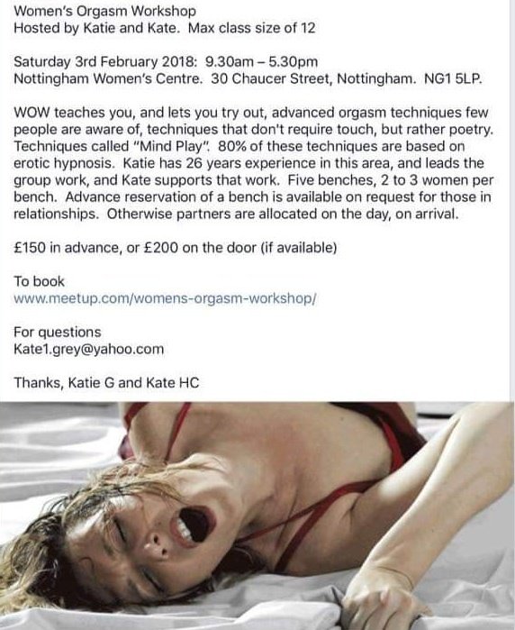 Nottingham 'Women's' Centre won't allow Let Women Speak Locals hire a room but they will let blokes 'Katie' &amp; 'Kate' hold an Orgasm workshop for £150 a pop.

Something deeply wrong with the management at NWC.