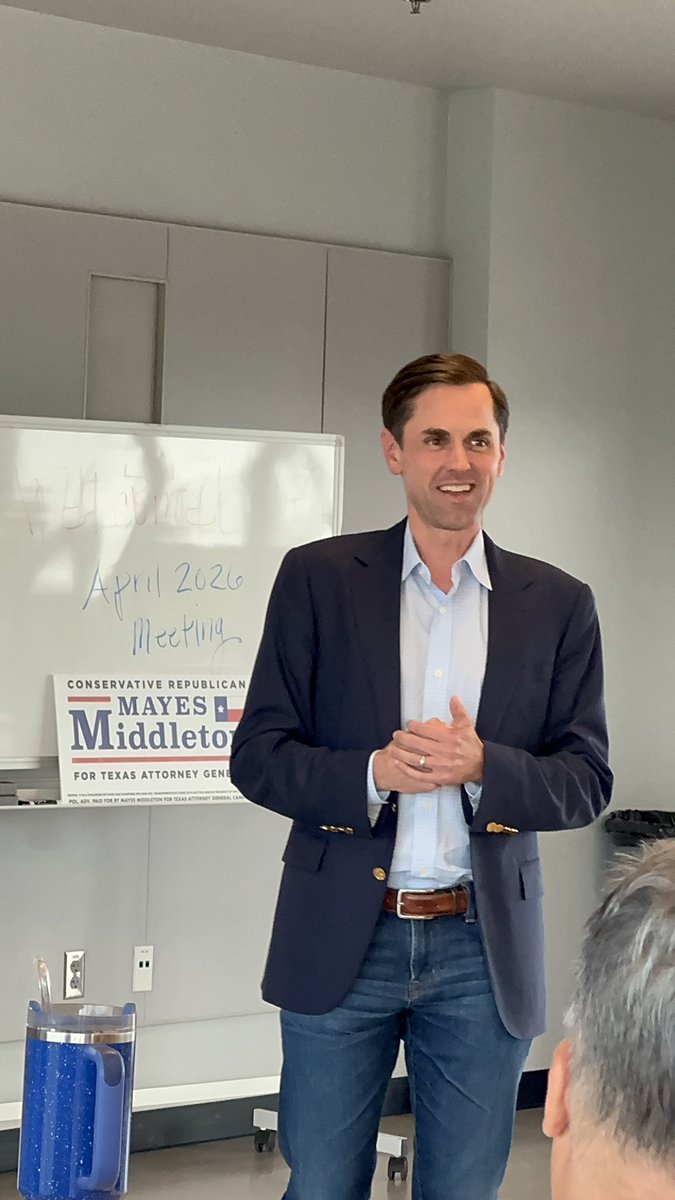 cslape's tweet photo. Texas’ next Attorney General @mayes_middleton visited @CACRClub in Williamson County and we could not be more grateful. He will lead Texas with faith in the one true God, courage, tenacity and humility. Cast your vote for #MAGAMAYES in the May 26th Republican primary runoff! https://t.co/SDHqpxwQ5f