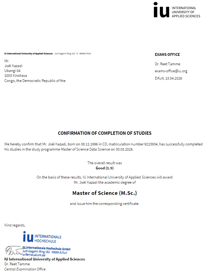 Joel_K_Kazadi's tweet image. 2 ans et 5 mois d'énormes sacrifices, mais surtout de grâce divine ! 🎓 Heureux d'avoir achevé mon programme de MSc. en Statistique et Data Science à l'International University of Applied Sciences (Erfurt, Germany). Hâte de relèver de nouveaux challenges. #Migration 📊📈