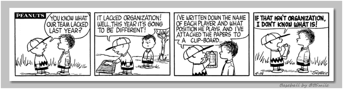 BSmile's tweet image. "You know what our team lacked last year? It lacked organization! Well, this year it's going to be different!" ~ Charlie Brown (Classic Peanuts - April 14, 1958) ⚾️ #MLB #Baseball #Teamwork #TuesdayMotivation