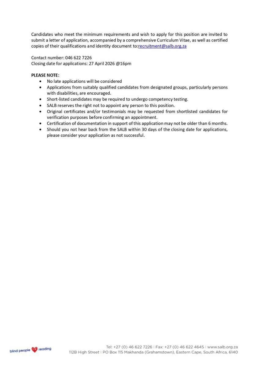 SportArtsCultur's tweet image. Vacancy opportunities available at The South African Library for the Blind, an agency of the  Department Of Sport, Arts And Culture (DSAC), apply and share with those who may be interested. Good luck to all.

🗓️27 April 2026 @ 16:00pm

More: dsac.gov.za/The%20South%20…

#Vacancies