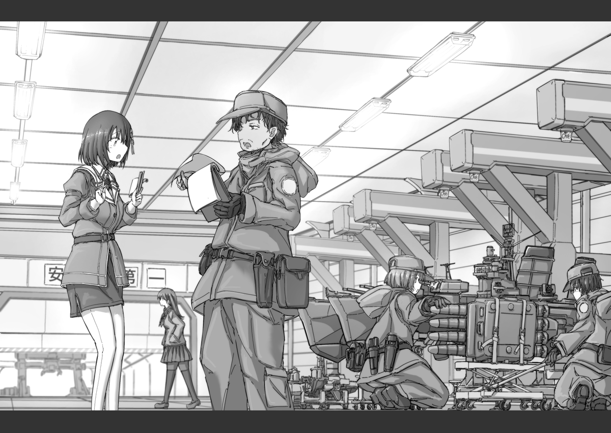 chinottomateba's tweet photo. 八鳥さん（@f2173 ）に雷撃の友2026.1月号で描いていただいた一枚、艤装整備が行われている「ゆみがはま」格納庫です。
艦娘母艦とメカニックの組み合わせはやっぱいいですね。
プレ版表紙を飾った大井っちや奥に鳥居型クレーンと、非常に情報量の多いショットです。
 #艦娘母艦ゆみがはま https://t.co/IydXlswC4t