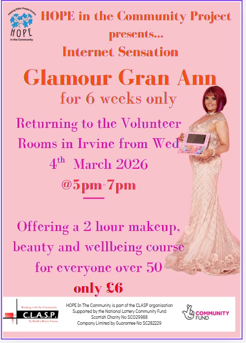 CLASP_Project's tweet photo. The Internet Sensation #GlamourGran Ann is back for one last week of our fantastic workshop. Come along to #Irvine's Volunteer Rooms for a make-over and all the tips and tricks you could ever need to keep looking fabulous. 

#Ayrshire #Scotland #Events #Local https://t.co/m8RqHe5w1Q