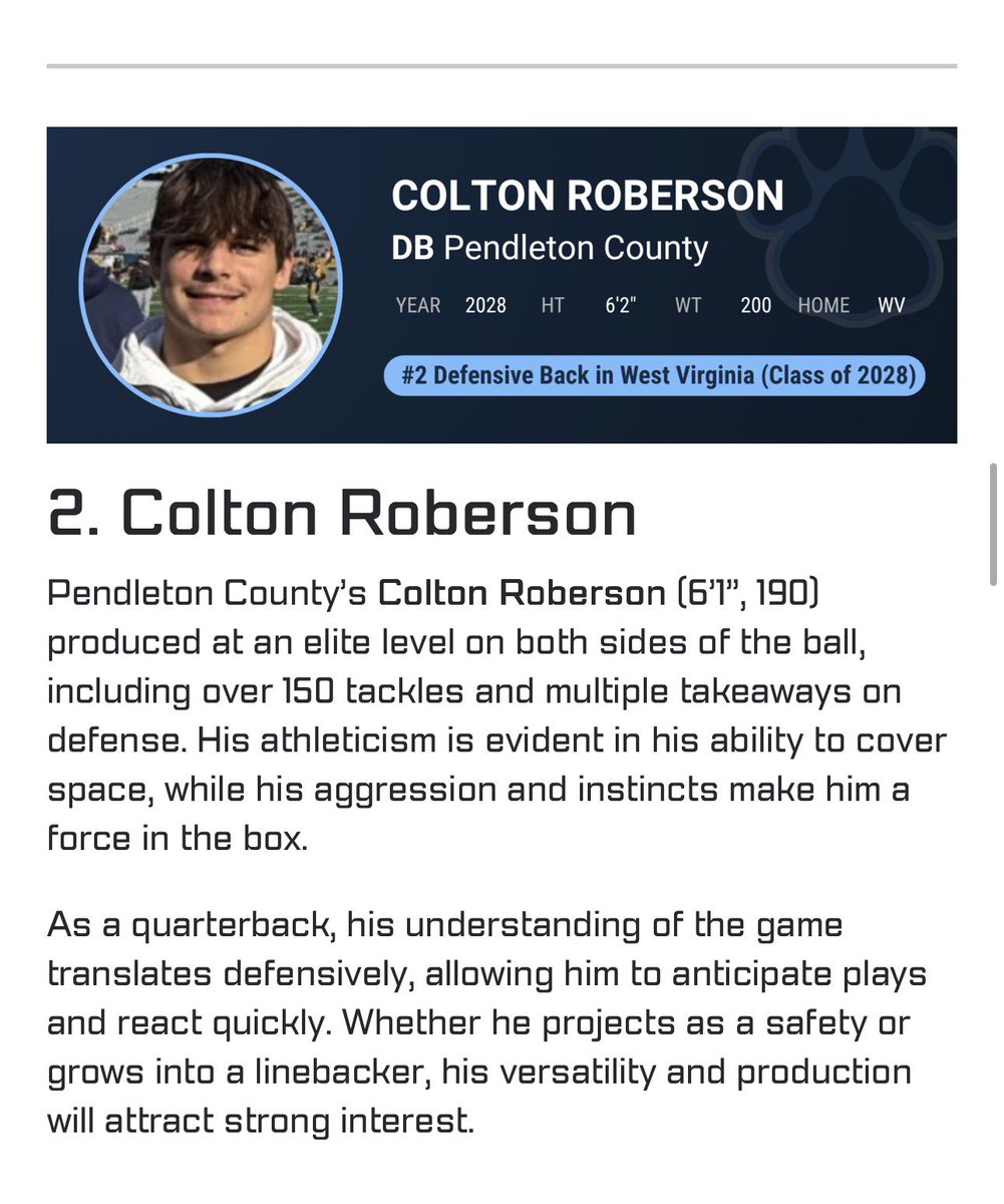 ColtonRoberson4's tweet photo. Thank you so much @CoalfieldsCo for this great write up and ranking me as the number 2 DB in WV!!! Right beside my brother @MaddoxTwigg!
#keepworkinghard 

@On3Recruiting @Rivals @247Sports @PrepRedzoneWV @TheUCReport https://t.co/Zj2YDtt8WP
