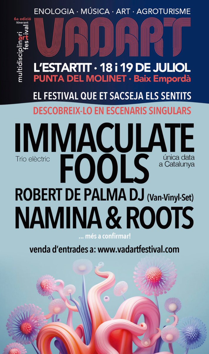 crisdefortunypa's tweet photo. 🎶FESTIVAL VADART •| 
L'ESTARTIT•|🏖️JULIOL •Cap de setmana 18-19 •Amb IMMACULATE FOOLS (trio elèctric), en exclusiva a Catalunya! NAMINA &amp; ROOTS… i molts altres…
Més ℹ️ Comprar 🎟️https://t.co/cSqrJ4bXFH
@EMDlEstartit 
#FestivalVadart #LEstartit #InCostabrava
@AgendaCultura https://t.co/Kp8C6D5ynv