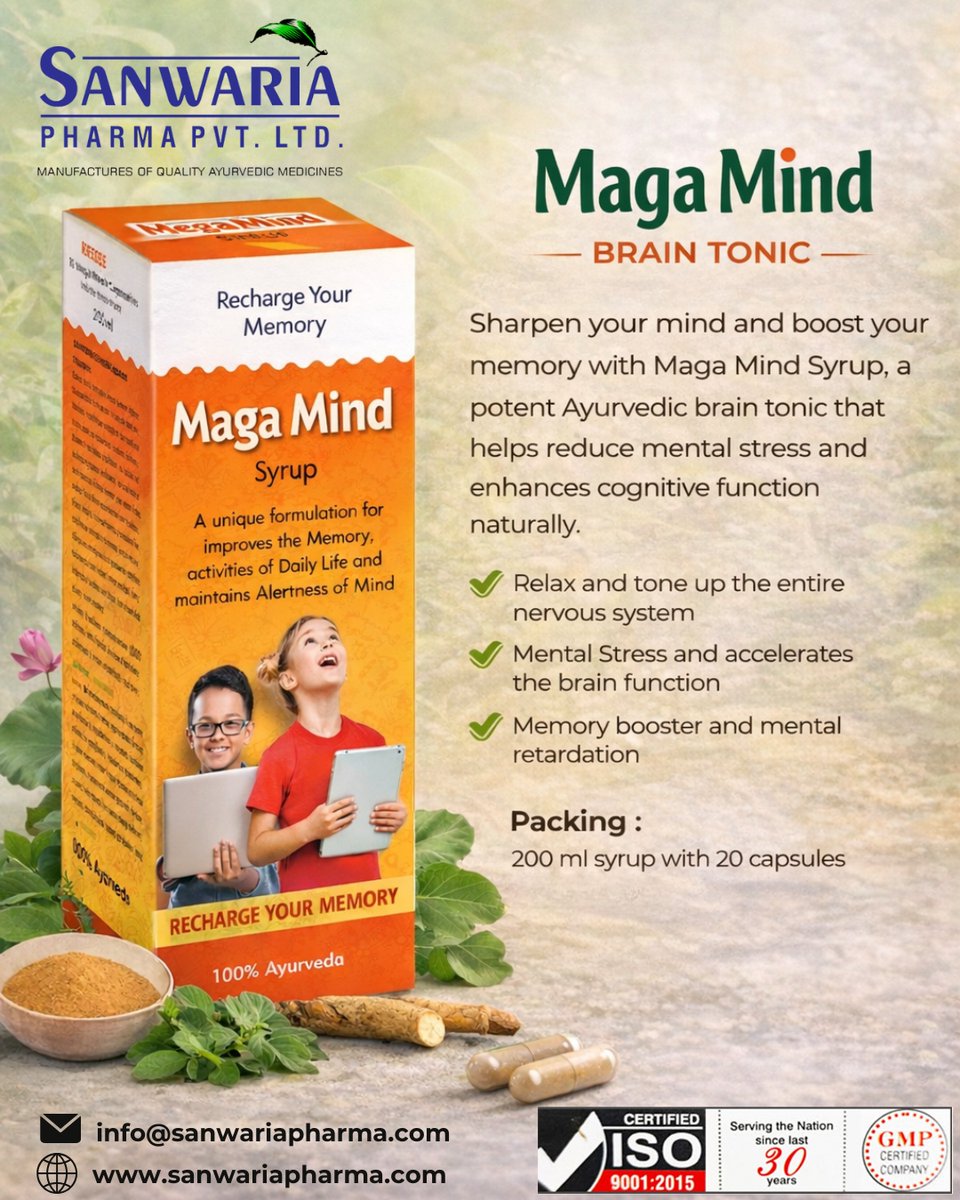 PharmaSanwaria's tweet image. Sharpen your #mind and boost your #memory with #MagaMind Syrup 🧠🌿, a powerful #Ayurvedic brain tonic that helps enhance cognitive function &amp;amp; reduce mental stress naturally.

📦 Packing: 200 ml Syrup with 20 Capsules
🌐 sanwariapharma.com

#BrainTonic #MemoryBooster 🌿🧠