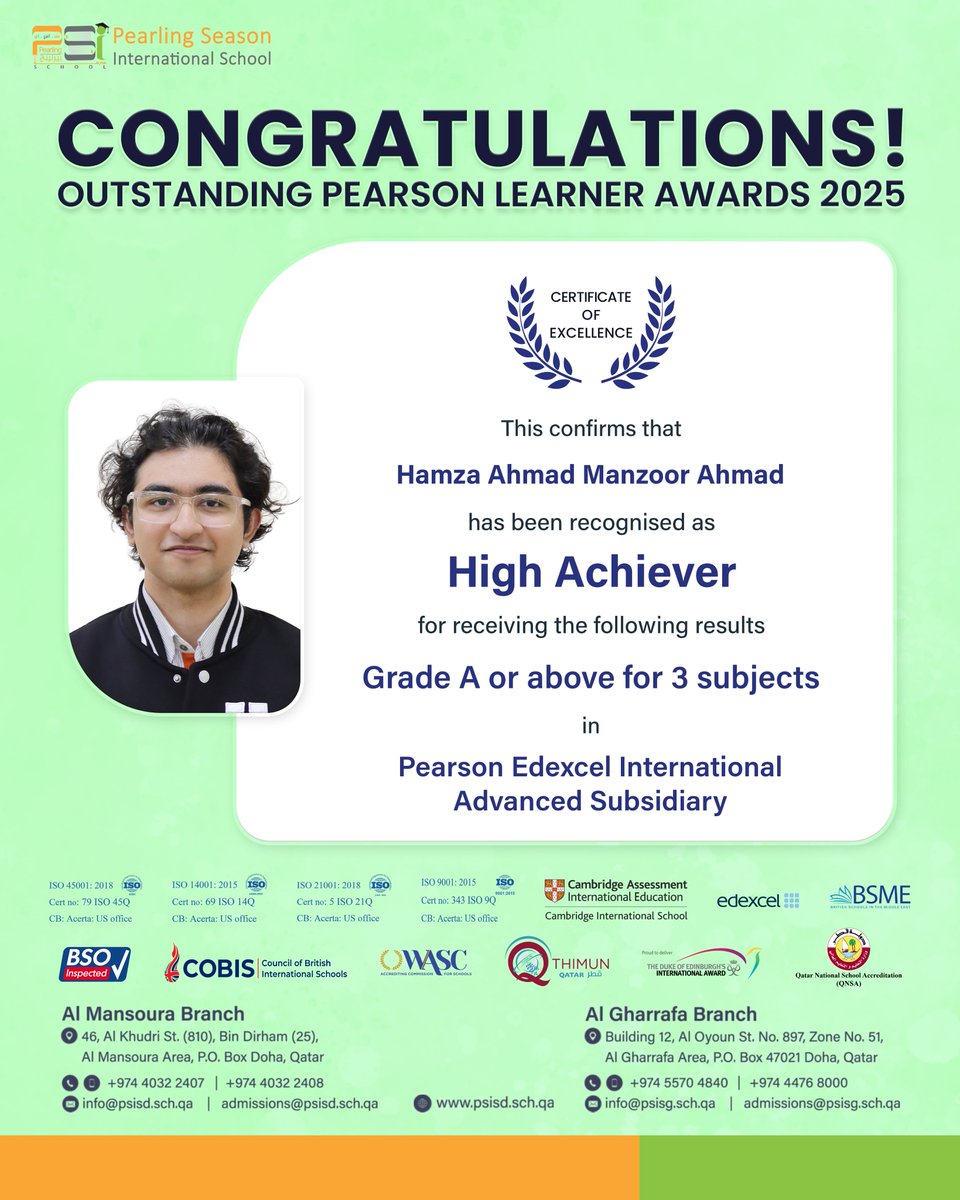 psisqatar's tweet image. Celebrating excellence and achievement! 🌟 Our students have been recognised as High Achievers, earning outstanding results across multiple subjects in the Pearson Edexcel International GCSE. Well done on this well-deserved recognition!  

#OutstandingAchievement #HighAchievers