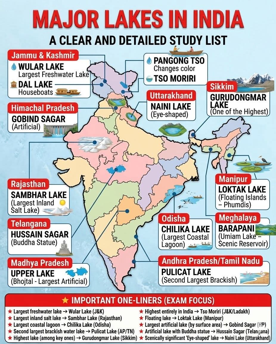 upscnetwork4's tweet image. 🌊 Major Lakes of India – Quick Revision Guide 🇮🇳

#Geography #IndiaGK #StudyNotes #CompetitiveExams #IndianGeography #LakeFacts #Education #ExamPreparation #GK #UPSC #SSC #LearningMadeEasy