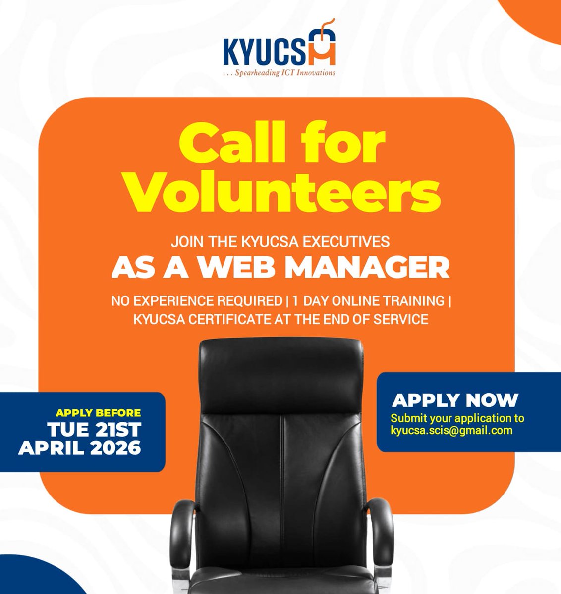 KYUCSA26's tweet photo. KYUCSA seeks a Web Manager!  
▫️ No experience needed—training provided  
▫️ Certificate awarded  
📅 Deadline: Apr 21, 2026  
📧 Apply: kyucsa.scis@gmail.com https://t.co/rOqm70M9v5