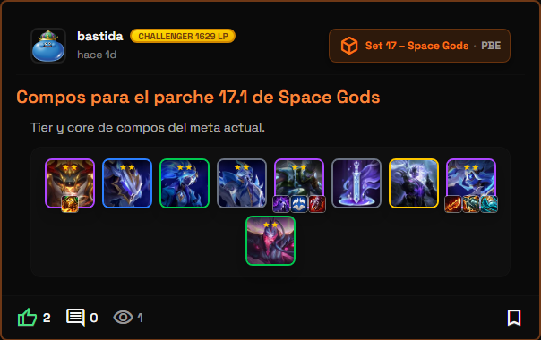 bastida_tft's tweet photo. Te apetece tryhardearte el inicio de set y aplastar a tus rivales en ladder?
Pues he publicado 2 post muy completos de que salidas podemos jugar en el set 17 de TFT y que compos podemos acabar jugando con sus items bis en cada una de ellas.
Las compos que veas que su titulo tiene un color anaranjado con un enlace es porque al hacer click en ellos puedes ir a una guia especifica de esa compo.