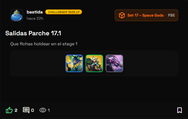 bastida_tft's tweet photo. Te apetece tryhardearte el inicio de set y aplastar a tus rivales en ladder?
Pues he publicado 2 post muy completos de que salidas podemos jugar en el set 17 de TFT y que compos podemos acabar jugando con sus items bis en cada una de ellas.
Las compos que veas que su titulo tiene un color anaranjado con un enlace es porque al hacer click en ellos puedes ir a una guia especifica de esa compo.