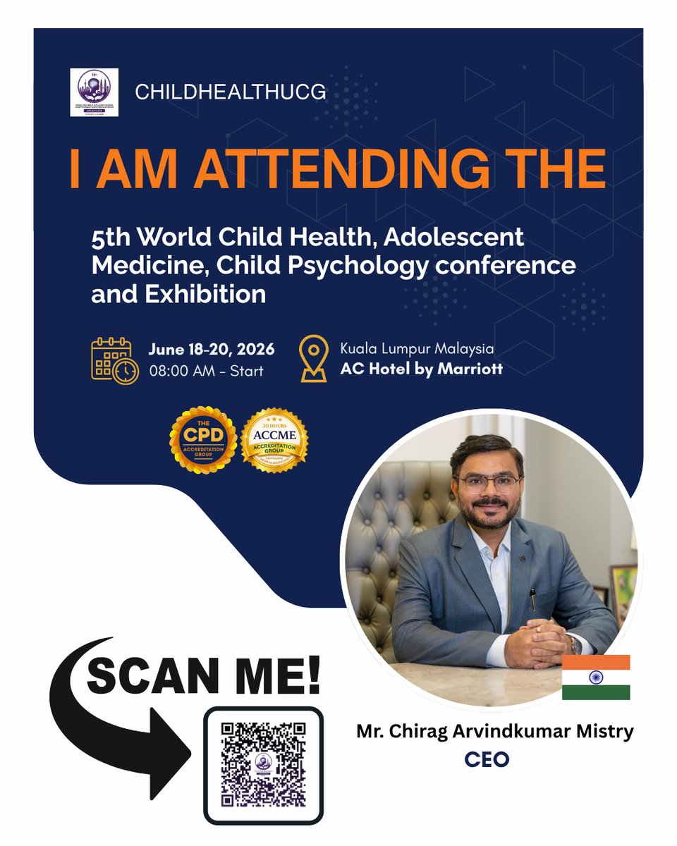 dr_lisharents's tweet image. We are honored to welcome Mr. Chirag  as a #Delegate at the 5th World #ChildHealth, #AdolescentMedicine &amp;amp; #ChildPsychology #Conference &amp;amp; #Exhibition

June 18–20, 2026 | Kuala Lumpur, #Malaysia

Early Bird Registration Deadline: Tomorrow
Register Now: …t-medicine.utilitarianconferences.com/registration