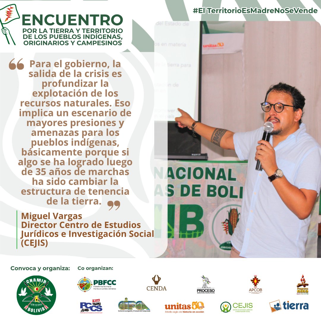 cejis_bolivia's tweet photo. 𝗘𝗡𝗖𝗨𝗘𝗡𝗧𝗥𝗢 𝗣𝗢𝗥 𝗟𝗔 𝗧𝗜𝗘𝗥𝗥𝗔 𝗬 𝗧𝗘𝗥𝗥𝗜𝗧𝗢𝗥𝗜𝗢 𝗗𝗘 𝗟𝗢𝗦 𝗣𝗨𝗘𝗕𝗟𝗢𝗦 𝗜𝗡𝗗𝗜́𝗚𝗘𝗡𝗔𝗦, 𝗢𝗥𝗜𝗚𝗜𝗡𝗔𝗥𝗜𝗢𝗦 𝗬 𝗖𝗔𝗠𝗣𝗘𝗦𝗜𝗡𝗢𝗦
Analizan el rumbo del régimen agrario y los puntos para una Agenda Nacional de Tierra y Territorio. https://t.co/5ZwCFv3AKc