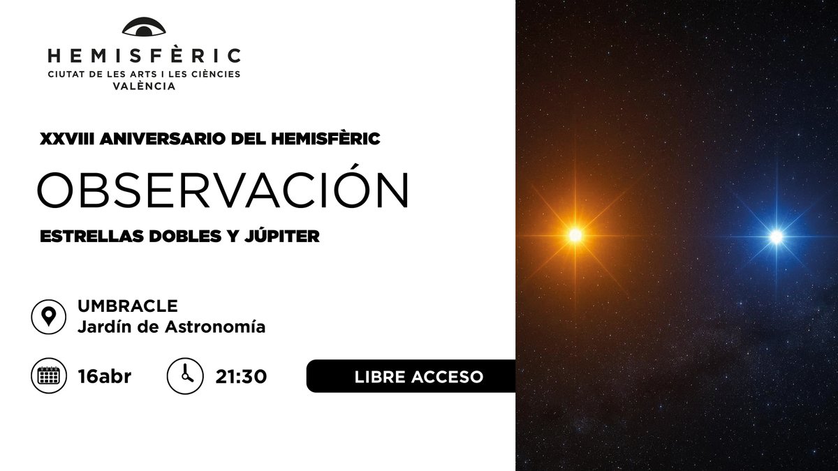CACiencies's tweet image. 🔭 Observación astronómica #gratis

🌟Las estrellas dobles, que muestran bellos contrastes de color en el telescopio y Júpiter, el gigante de hidrógeno y helio con su famosa Gran Mancha Roja, protagonizan la actividad

📅Jueves 16 de abril 
🕤21.30h
📍#Umbracle