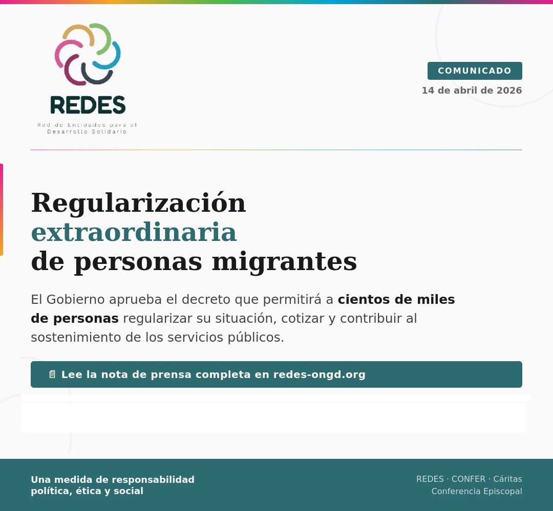 REDES_ONGD's tweet photo. 📢Comunicado REDES | El Gobierno aprueba el decreto para la regularización extraordinaria de personas migrantes. Desde el equipo eclesial que ha venido impulsando este proceso saludamos esta medida como un acto de responsabilidad política, ética y social. https://t.co/pZKd93bbjR https://t.co/xdoKa9W4aI