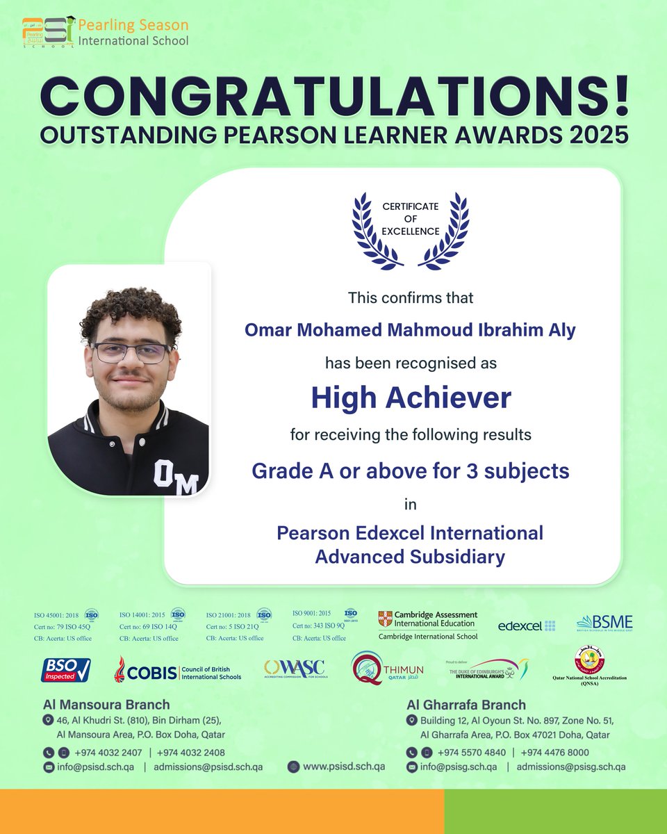psisqatar's tweet image. Celebrating excellence and achievement! 🌟

Our students have been recognised as High Achievers, earning outstanding results across multiple subjects in the Pearson Edexcel International GCSE.
Well done on this well-deserved recognition!

#OutstandingAchievement #HighAchievers
