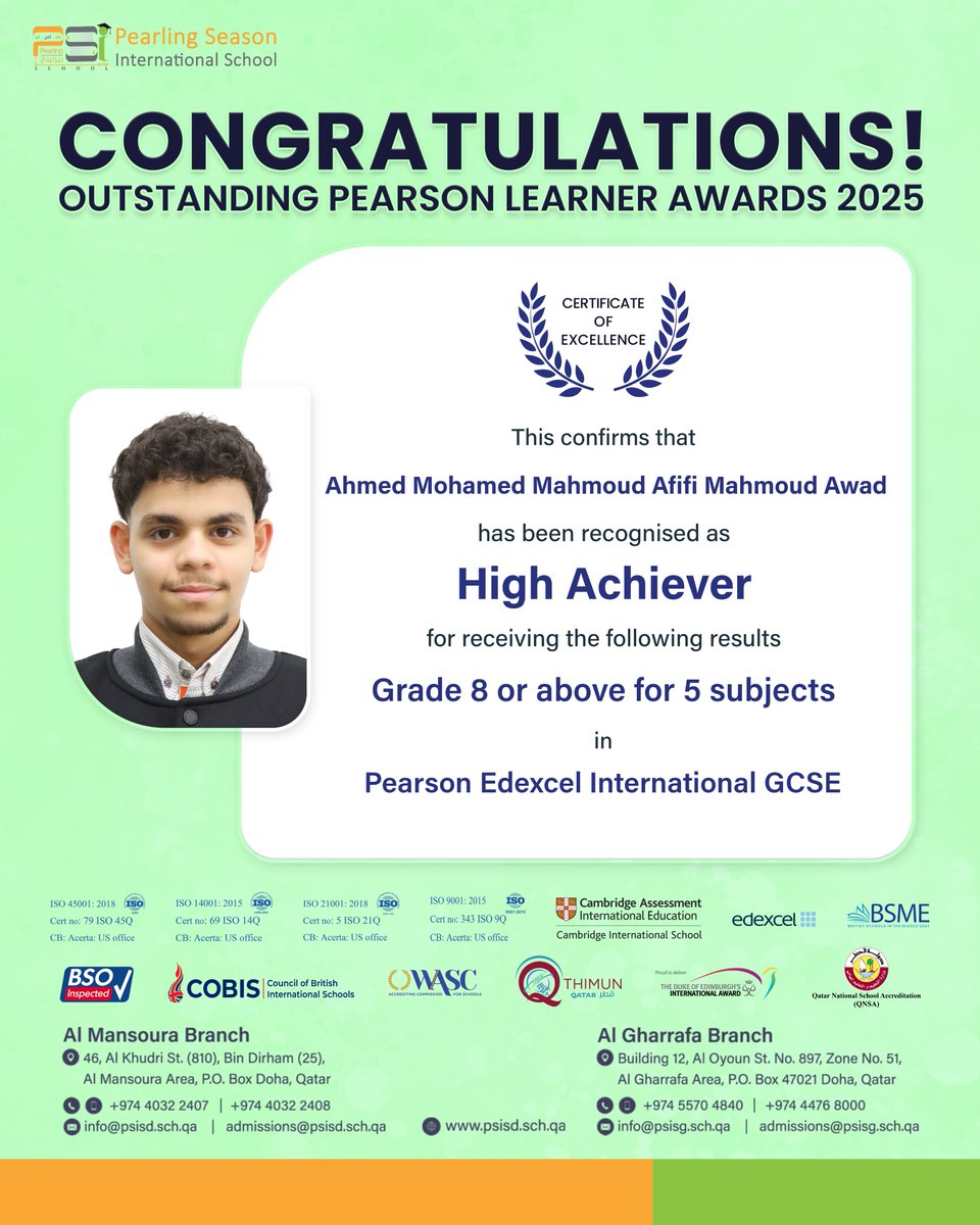 psisqatar's tweet image. Celebrating excellence and achievement! 🌟

Our students have been recognised as High Achievers, earning outstanding results across multiple subjects in the Pearson Edexcel International GCSE.
Well done on this well-deserved recognition!

#OutstandingAchievement #HighAchievers
