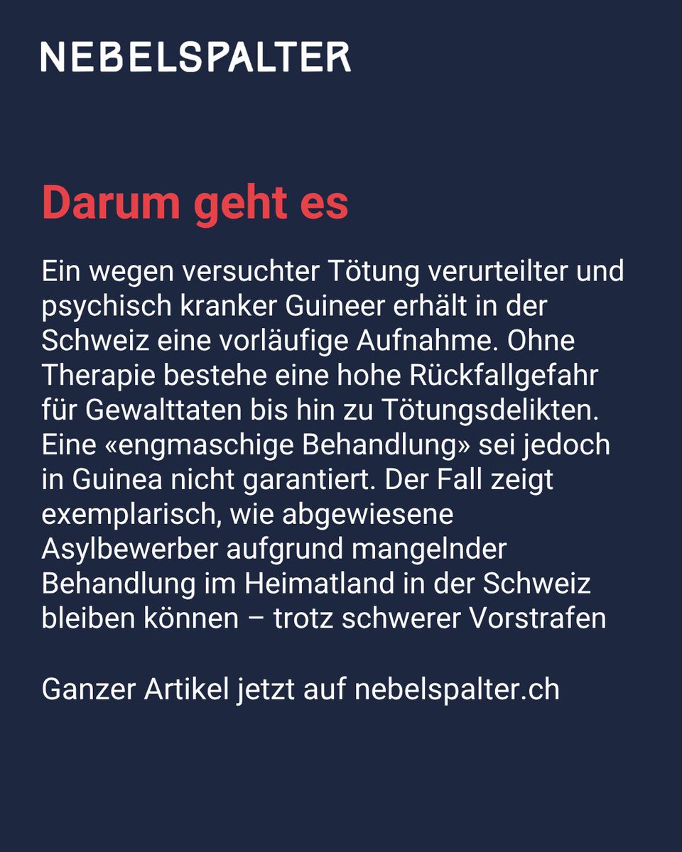 nebelspalter's tweet image. Therapie wichtiger: Wie ein wegen versuchter Tötung verurteilter Guineer in der Schweiz bleiben konnte 

Zum ganzen Artikel: buff.ly/iSw3anY 

#NebelspalterNews #Politik #SchweizerPolitik