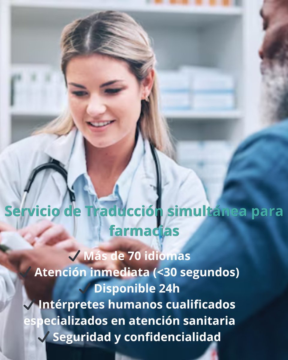 farma_solidaria's tweet photo. Con el servicio de traducción simultánea para farmacias, puedes comunicarte sin barreras de idioma, ofreciendo una atención más accesible.   Mejora la confianza y la calidad asistencial de forma sencilla y rápida.  
Porque una buena atención empieza con una buena comunicación. https://t.co/76HRcPqHCw
