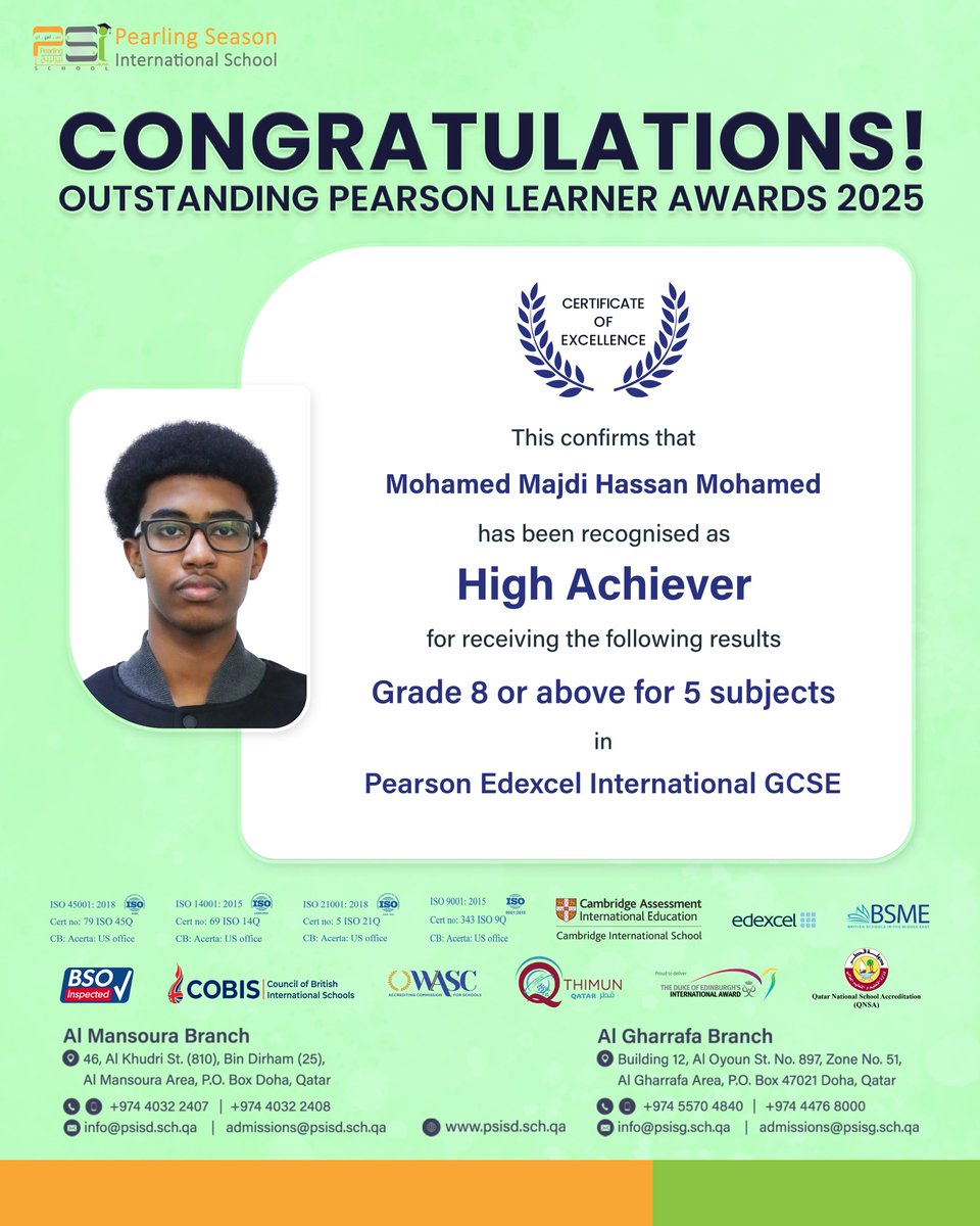 psisqatar's tweet image. Celebrating excellence and achievement! 🌟 Our students have been recognised as High Achievers, earning outstanding results across multiple subjects in the Pearson Edexcel International GCSE. Well done on this well-deserved recognition!  

#OutstandingAchievement #HighAchievers