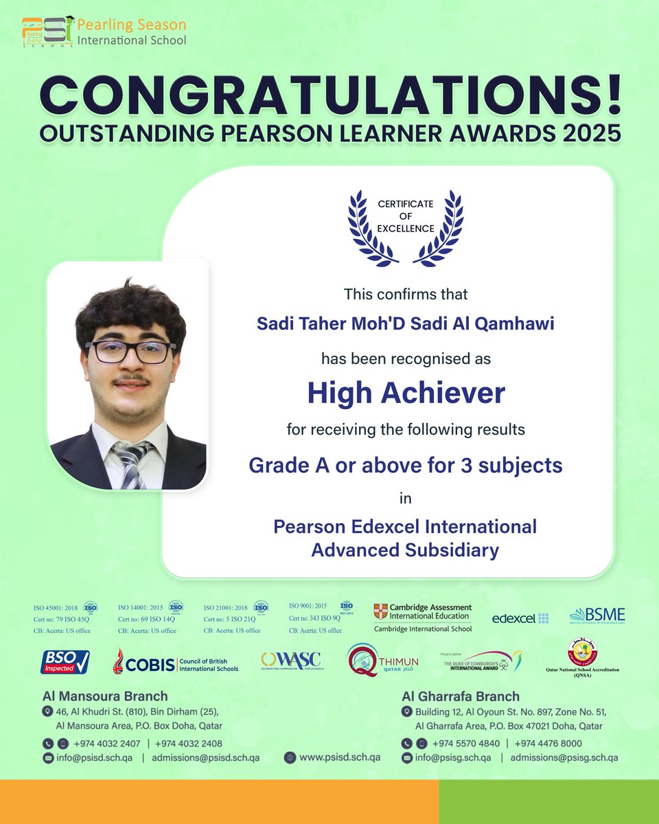 psisqatar's tweet image. Celebrating excellence and achievement! 🌟 Our students have been recognised as High Achievers, earning outstanding results across multiple subjects in the Pearson Edexcel International GCSE. Well done on this well-deserved recognition!  

#OutstandingAchievement #HighAchievers