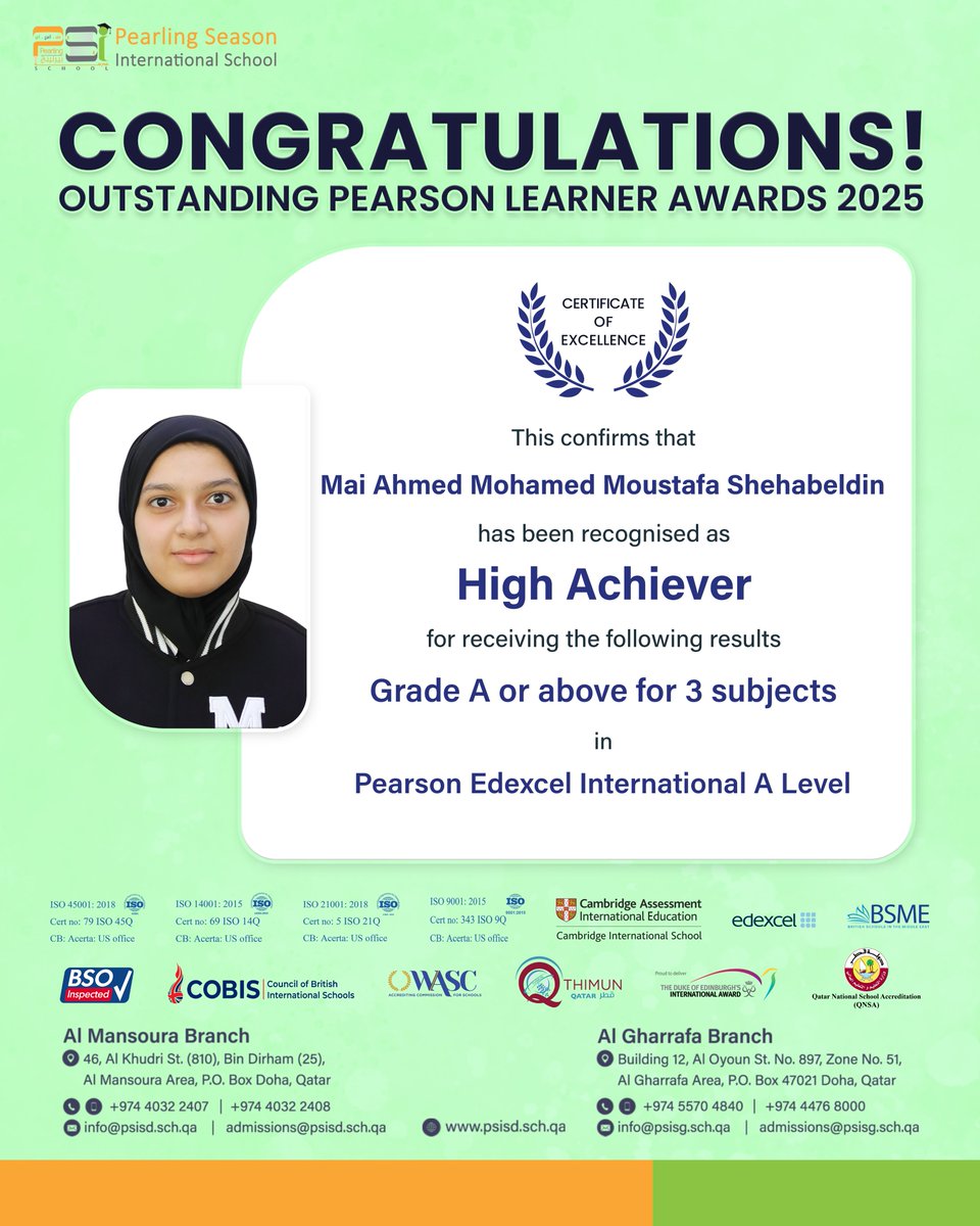 psisqatar's tweet image. Celebrating excellence and achievement! 🌟 Our students have been recognised as High Achievers, earning outstanding results across multiple subjects in the Pearson Edexcel International GCSE. Well done on this well-deserved recognition!

#OutstandingAchievement #HighAchievers