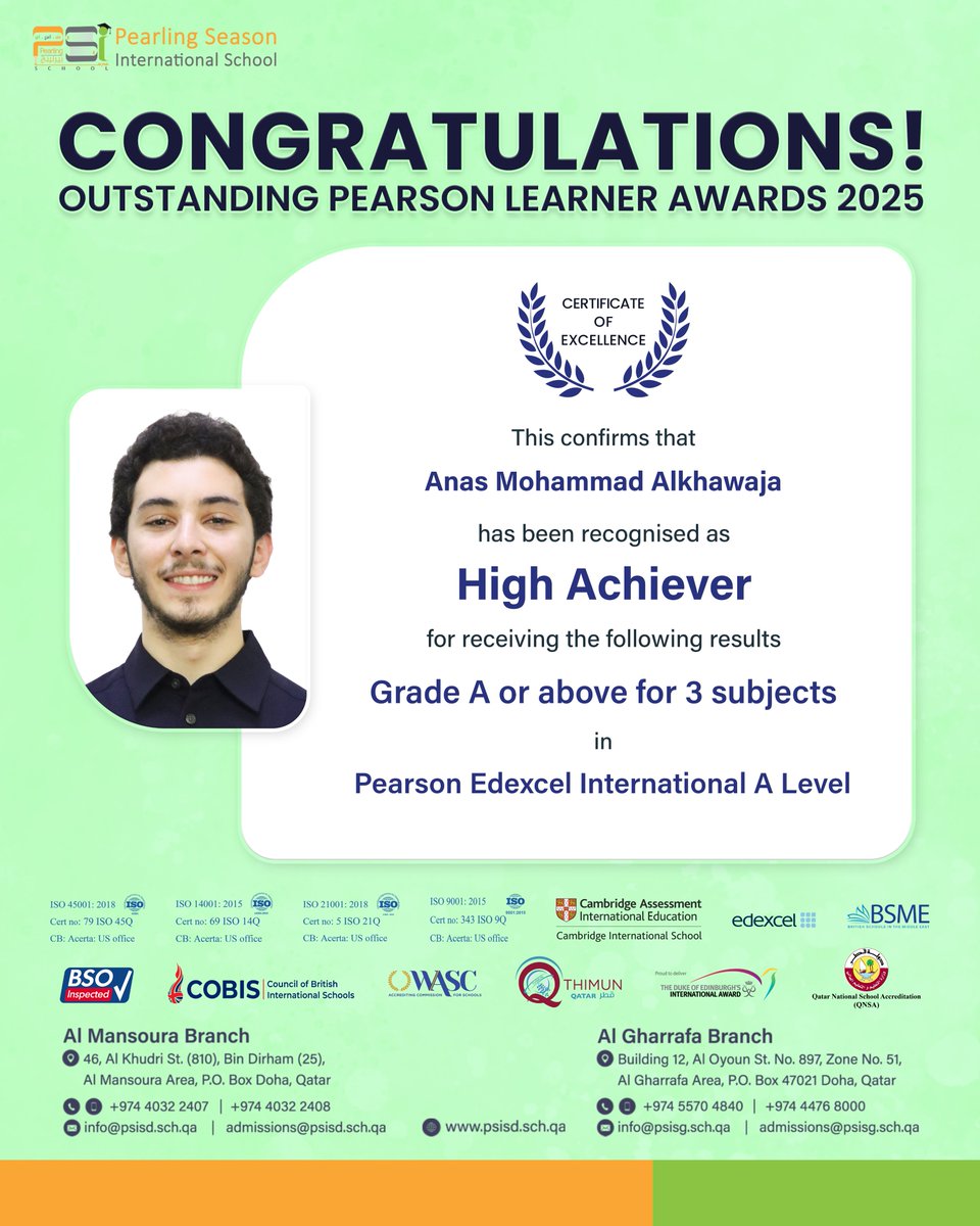 psisqatar's tweet image. Celebrating excellence and achievement! 🌟 Our students have been recognised as High Achievers, earning outstanding results across multiple subjects in the Pearson Edexcel International GCSE. Well done on this well-deserved recognition!

#OutstandingAchievement #HighAchievers