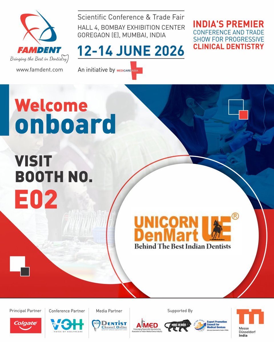 FamdentShow's tweet image. We are thrilled to announce that Unicorn Dentmart has officially joined us for the upcoming FAMDENT Show Mumbai 2026 as an exhibitor!

Make sure to add Booth No. E02 to your must-visit list.

Register : famdentvisitor.iddllp.com/registration/

#FAMDENTShowMumbai2026 #DentalExpo #DentalSolutions