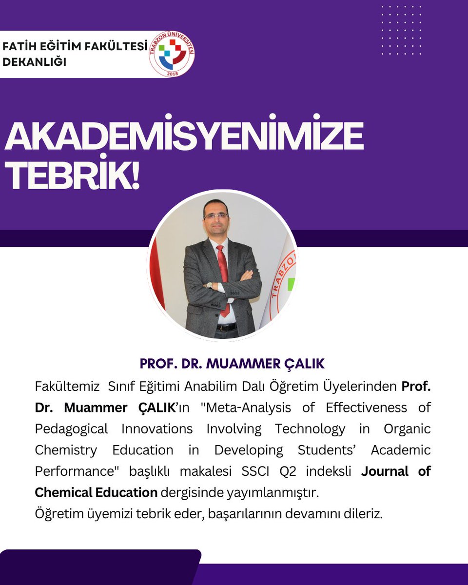 Tru_FEF's tweet photo. Fakültemiz  Sınıf Eğitimi Anabilim Dalı Öğretim Üyelerinden Prof. Dr. Muammer ÇALIK ve Öğretim Teknolojileri Anabilim Dalı Öğretim Üyelerinden Doç. Dr. Ayça ÇEBİ'yi tebrik ederiz! https://t.co/LIqgKQBxXq