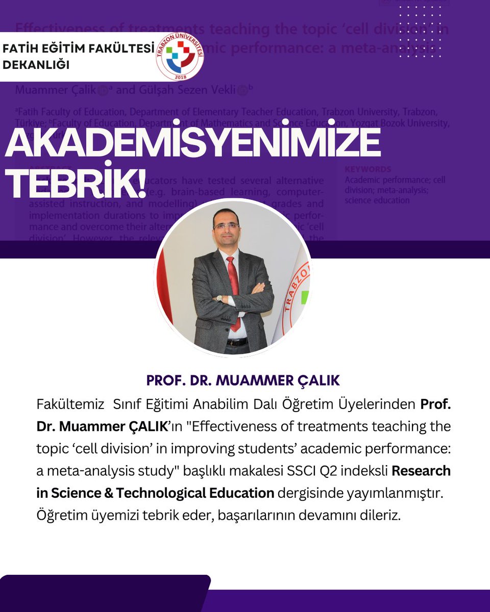 Tru_FEF's tweet photo. Fakültemiz  Sınıf Eğitimi Anabilim Dalı Öğretim Üyelerinden Prof. Dr. Muammer ÇALIK ve Öğretim Teknolojileri Anabilim Dalı Öğretim Üyelerinden Doç. Dr. Ayça ÇEBİ'yi tebrik ederiz! https://t.co/LIqgKQBxXq