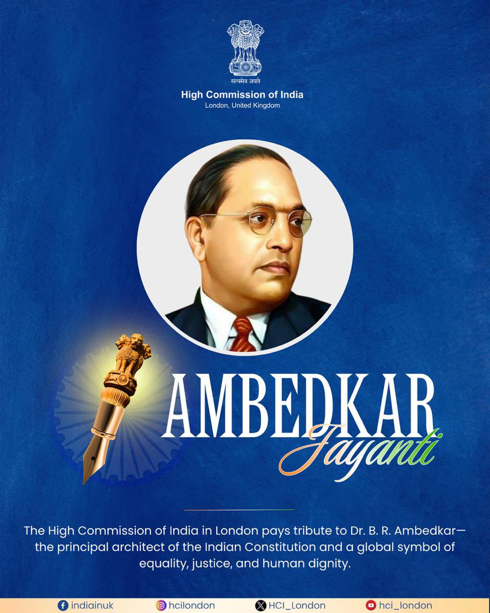 Honouring B. R. Ambedkar on his Jayanti—principal architect of the Indian Constitution and a global champion of equality, justice, and human dignity.
His vision continues to inspire generations. 
#BRAmbedkar #DrBRAmbedkar #AmbedkarJayanti 

<a href="/MEAIndia/">Randhir Jaiswal</a> <a href="/IndianDiplomacy/">Indian Diplomacy</a> <a href="/VDoraiswami/">Vikram Doraiswami</a>