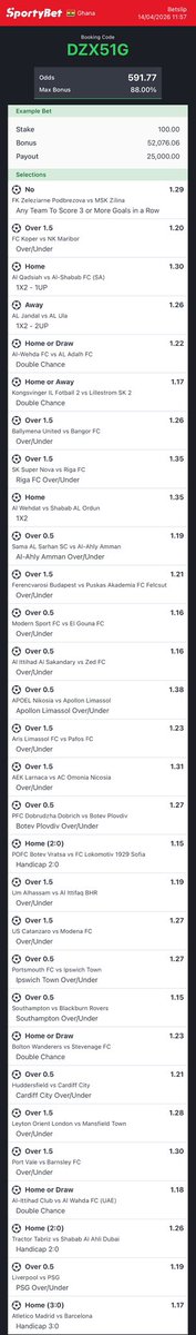 congratsodds's tweet image. 591 odds

SportyBet Booking Code: DZX51G