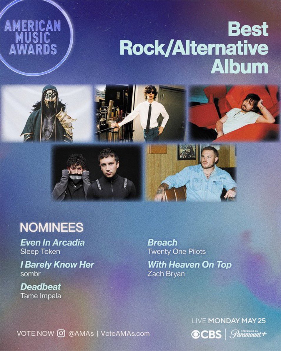 leave_not_liv's tweet photo. Sleep Token has been nominated for several categories at the American Music Awards including 

Breakout Tour (EiA Tour) 
Best Rock/Alternative Artist
Best Rock/Alternative Album (EiA) 

fan voting starts today and goes till may 8th, so get your votes in! https://t.co/2EttABPm5i