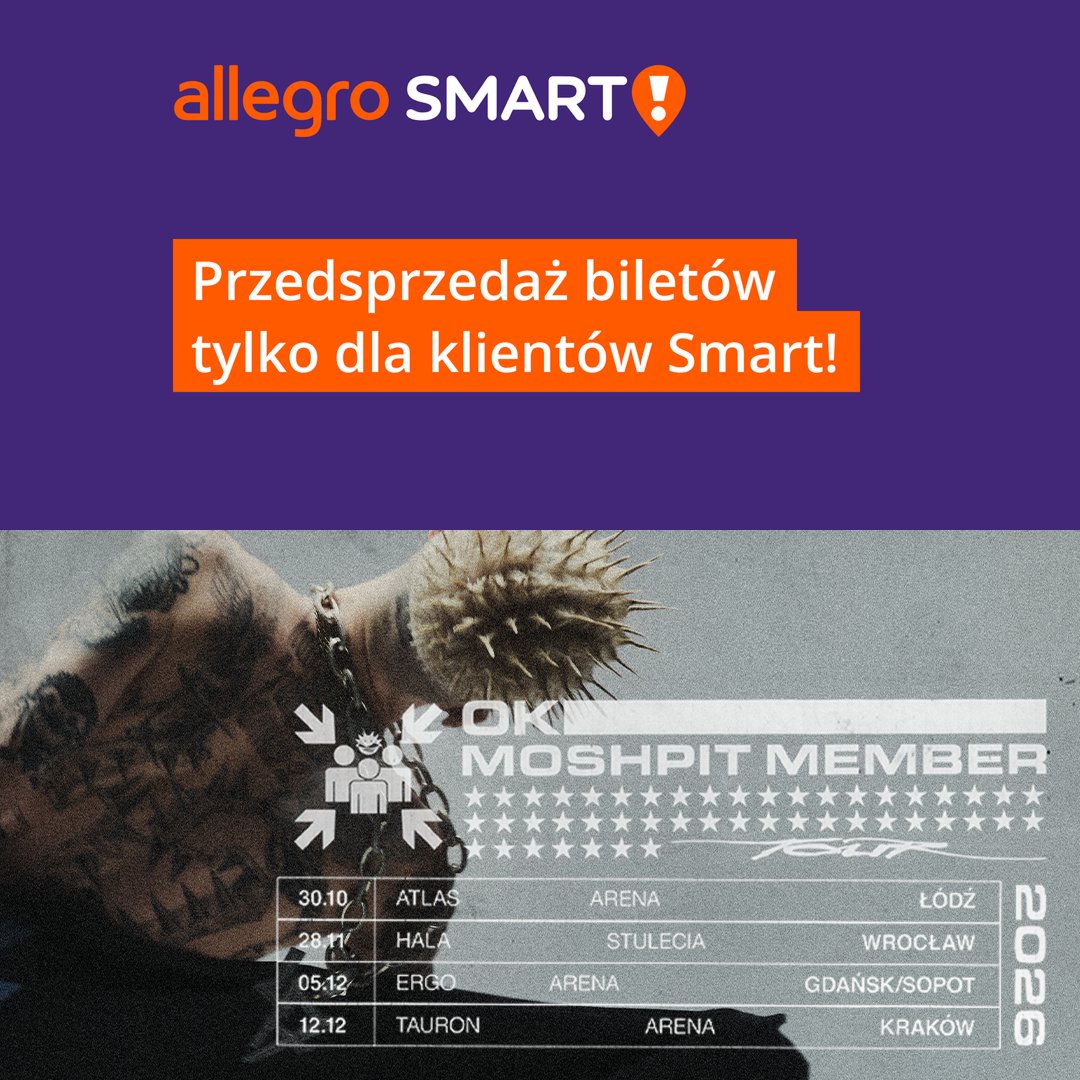 eBiletPL's tweet image. OKI zaprasza na Moshpit Member Tour. 4 miasta, w niecałe 7 tygodni. Zrób koło. Nie przyjmujemy reklamacji! 🦔

💜 Przedsprzedaż dla użytkowników Allegro Smart! - środa, 15.04 godz. 14:47 - 23:59 lub do wyczerpania puli
💛 Start sprzedaży otwartej - czwartek 16.04 godz. 14:47

Jak