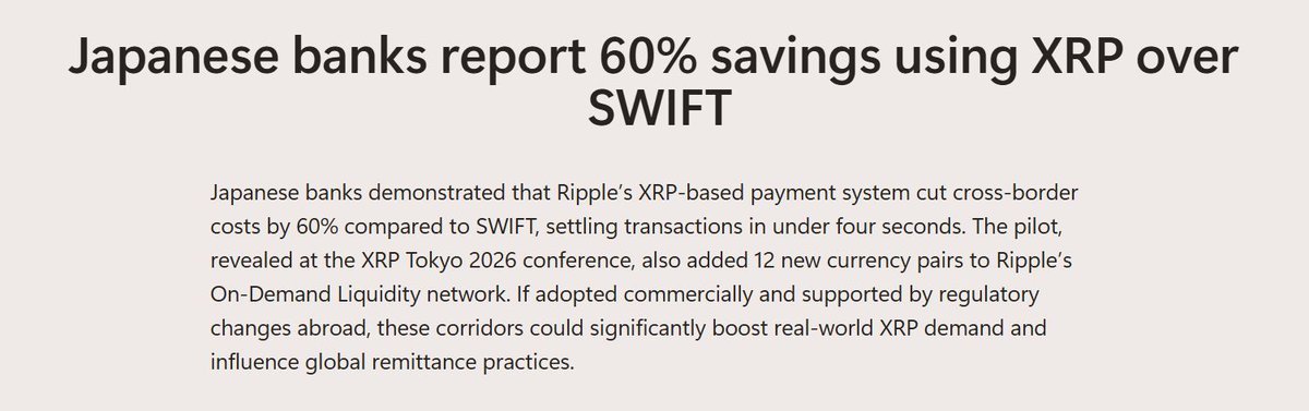 RealAllinCrypto's tweet photo. 🚨It's been heavily reported out of last week’s $XRP Tokyo 2026 conference that Japanese banks ran pilot corridors showing $XRP was 60% cheaper than SWIFT!! 

Although there is nothing officially confirmed by @Ripple or banks yet. 

But if true, that’s abolutely huge!! https://t.co/SN38VxJMOE