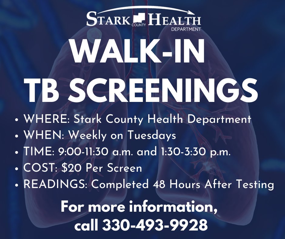 Every Tuesday, you can walk-in for a TB screening at our health department between 9-11:30 a.m. and 1:30-3:30 p.m. Screenings are $20 and readings are completed 48 hours later. Give us a call at 330-493-9928 or visit starkhealth.org to learn more.